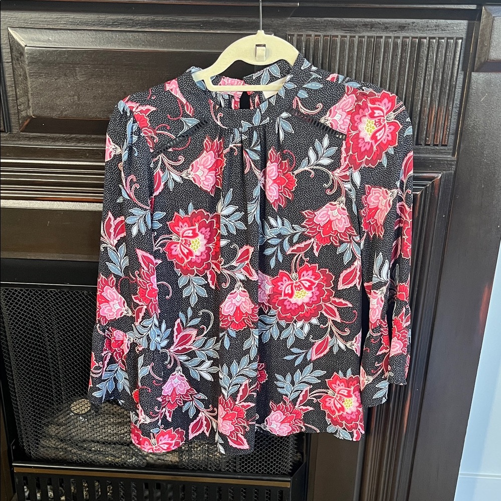 LOFT Black Blouse with Pink Floral Design